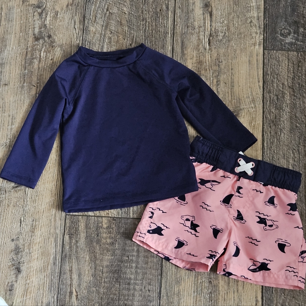 Baby Boys Cat & Jack 12 Months Swim Shirt & Swim Trunks Shorts SHARKS Blue Pink